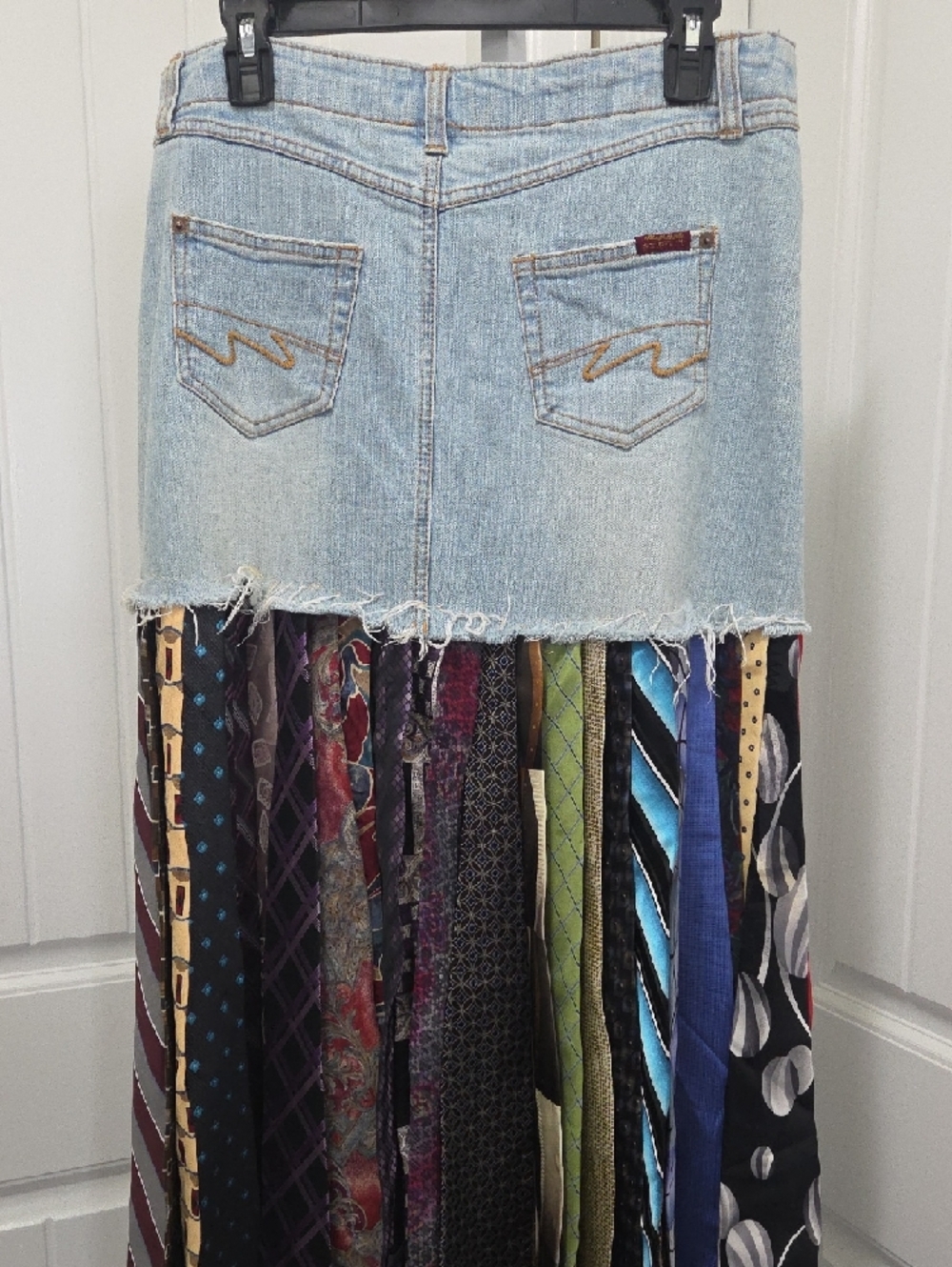 Bohemian Recycled Denim Maxi Tie Skirt with Multi-Patterned Panel - Picture 5 of 6